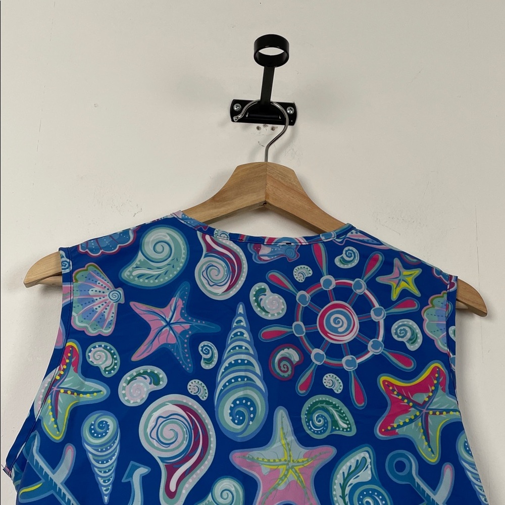 Women's L Blue Seashell Full Zip Sleeveless Drawstring Waist Swim Coverup Dress - Picture 8 of 10